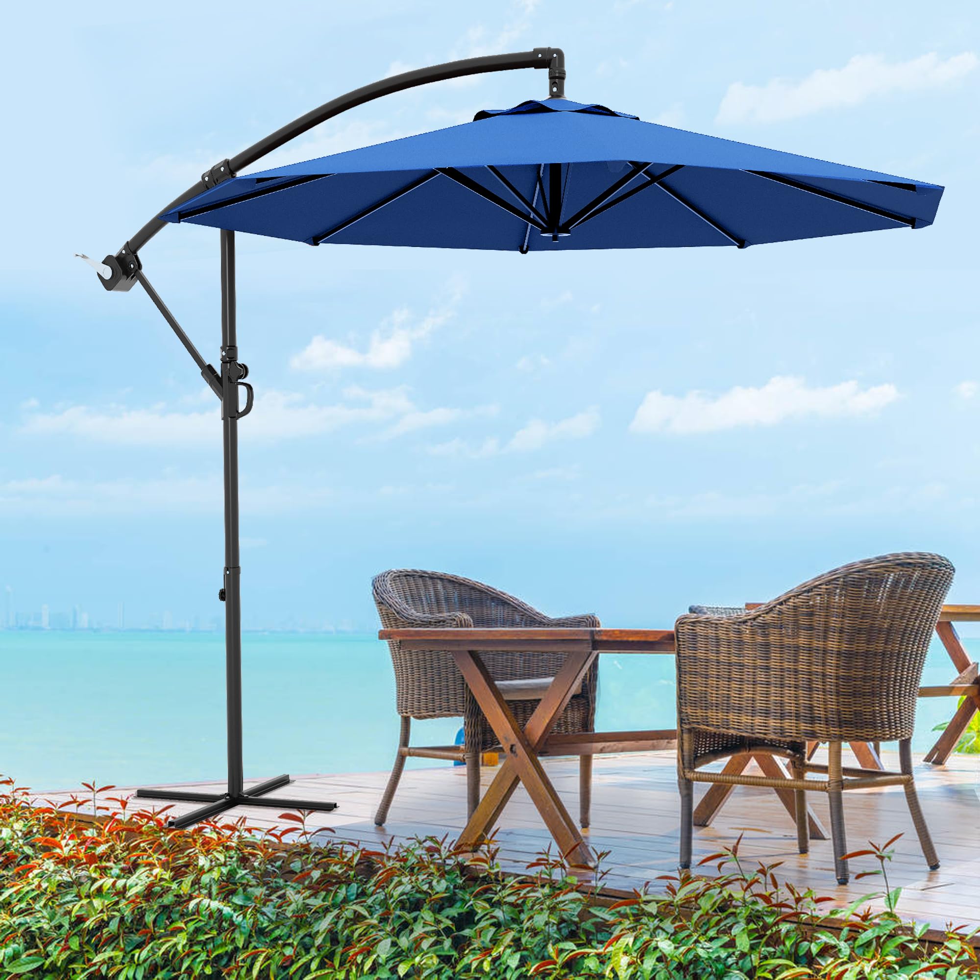Photo 1 of 10 FT Patio Cantilever Umbrella, Outdoor Offset Umbrella with Easy Tilt Adjustment, 8 Ribs, UV Protection for Backyard, Lawn, Garden and Poolside, Navy Blue