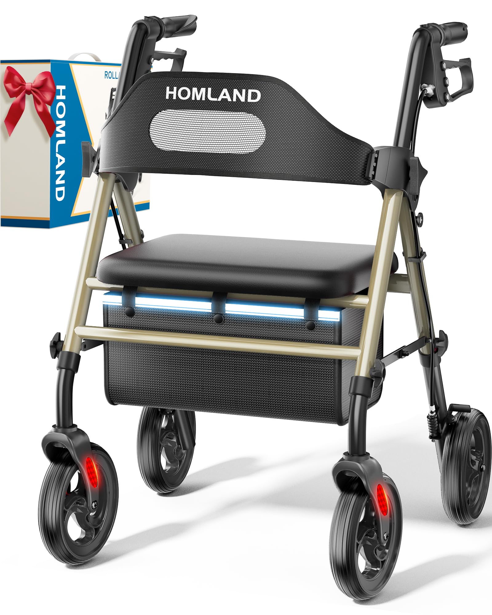 Photo 1 of HOMLAND Foldable Rollator Walkers with Seat for Seniors, 8'' Big Wheels, 350 lb. Weight Capacity, Adjustable Handles and Seat Height, Lightweight Rolling Walker, Gold