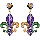 Mardi Gras Earrings for Women, Glitter Crown Mask Fleur De Lis Earrings for Fat Tuesday Celebration, Mardi Gras Accessory Carnival Parade Party Favors Gifts
