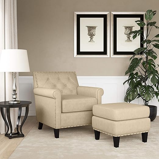 Amazon Com Domesis Button Tufted Rolled Arm Chair And Ottoman In Distressed Tan Faux Leather Kitchen Dining
