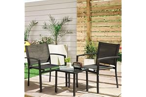 Greesum 3 Pieces Patio Furniture Outdoor Bistro Set Textilene Fabric Chairs for Lawn, Garden, Balcony, Poolside with A Glass Coffee Table, Black