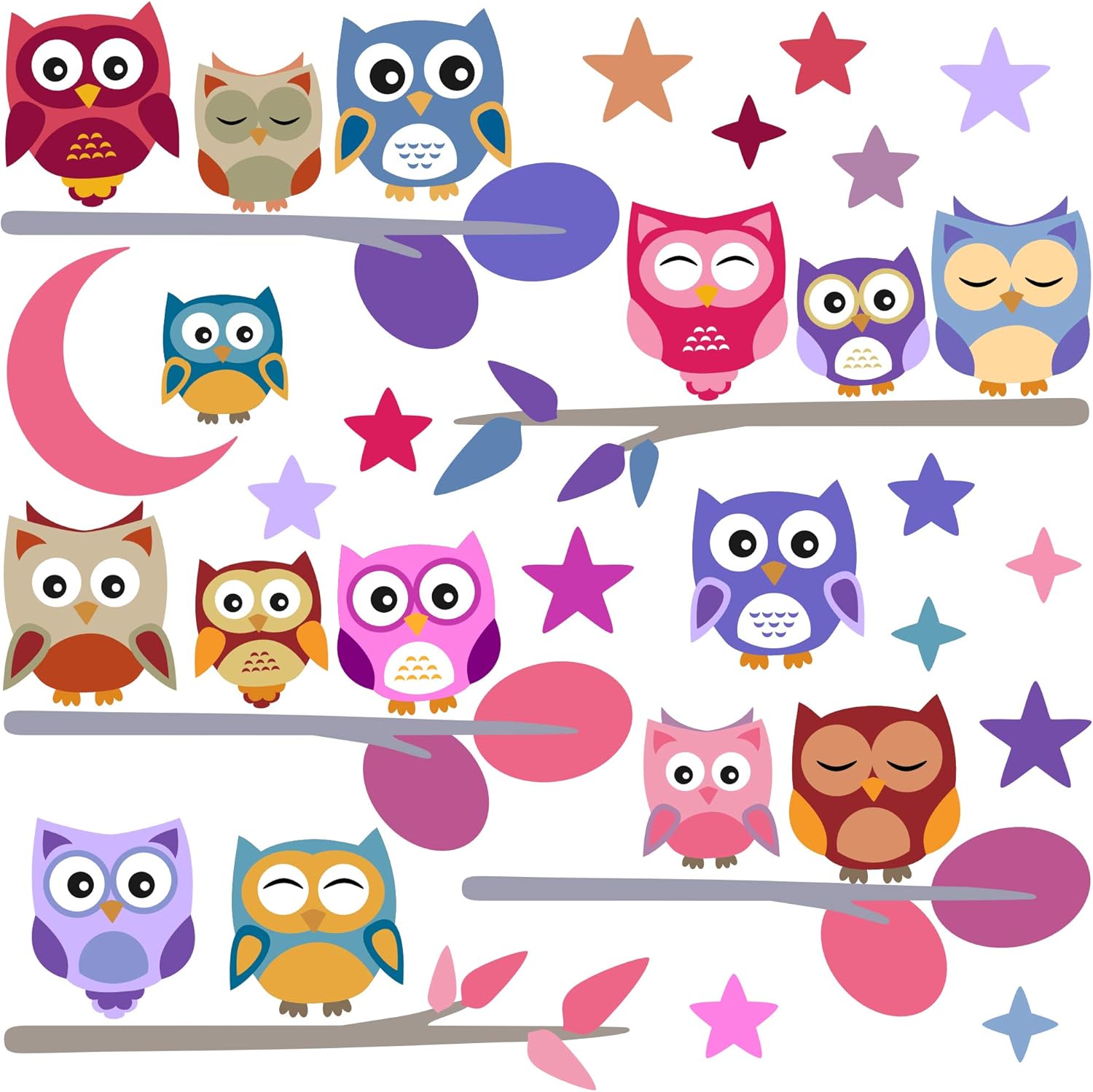 PREMYO Owls Wall Stickers Kids - Nursery Decor Easy to Apply - Decals for Bedrooms for Girls Boys, Owls Color