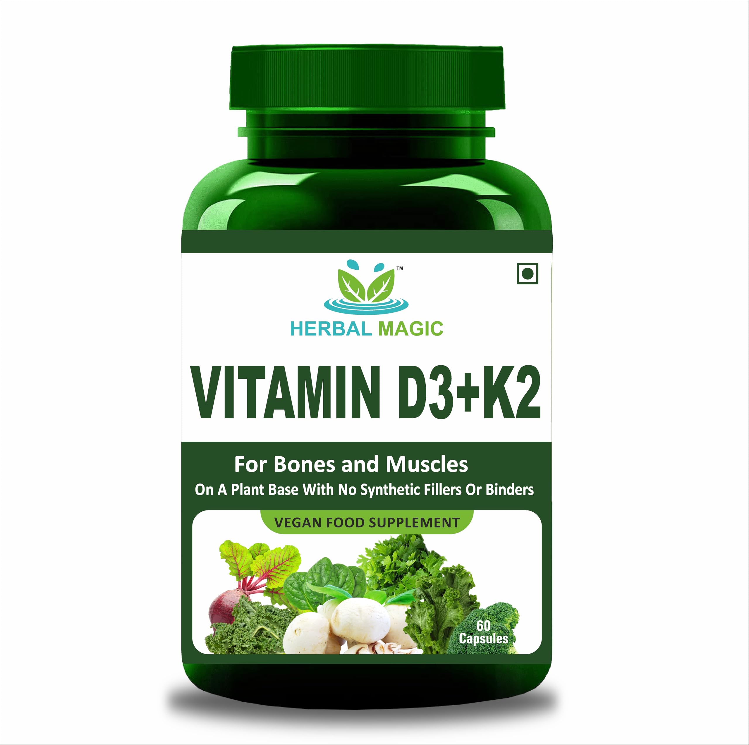 Herbal Magic Pure & Natural Plant Based Vitamin D3 (4000 IU) & K2 (100 mcg) in 2 Capsules, Whole Plant Used 60 x Veg Capsules - Lab Tested - No Maltodetxrin, Fillers, Preservatives