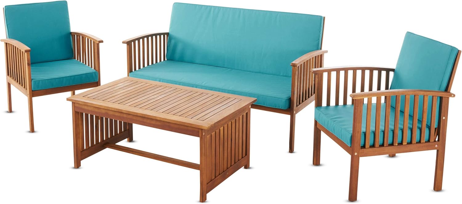 Christopher Knight Home Carolina Outdoor Acacia Wood Sofa Set with Water Resistant Cushions, 4-Pcs Set, Brown Patina / Teal