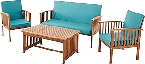 Christopher Knight Home Carolina Outdoor Acacia Wood Sofa Set with Water Resistant Cushions, 4-Pcs Set, Brown Patina / Teal