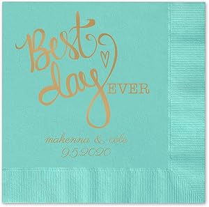 Best Day Ever Heart Personalized Beverage Cocktail Napkins - 100 Custom Printed Aqua Paper Napkins with choice of foil