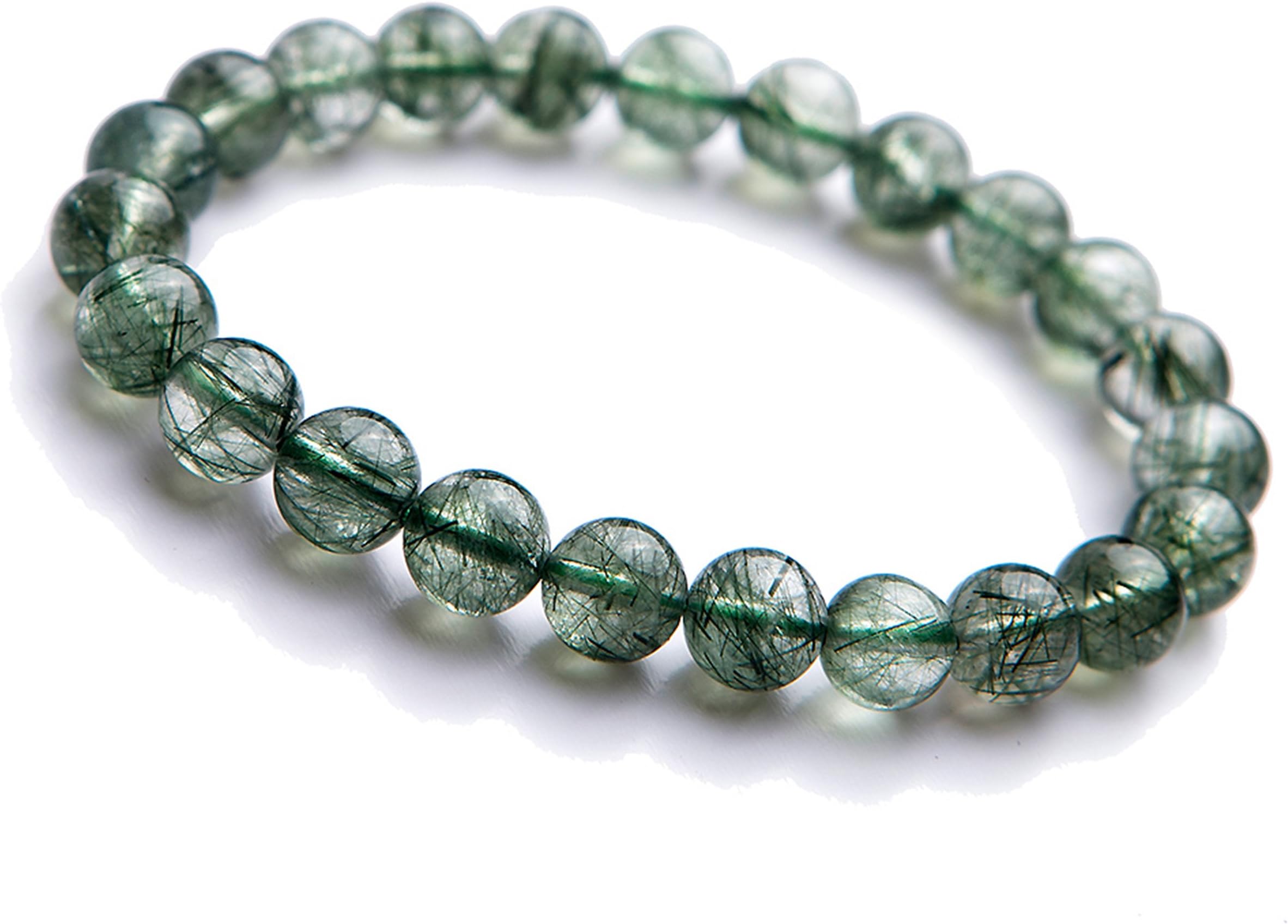 LiZiFang7mm Natural Green Rutilated Quartz Crystal Clear Round Bead Stretch Bracelet