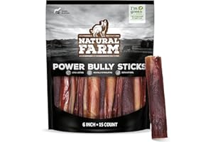 Natural Farm Power Bully Sticks Dog Chews (6”,15-Pack), 2-in-1 Power Chews: Premium Beef Cheek Wrapped in Beef Pizzle, Long-Lasting, Great Dog Dental Treats for Small, Medium & Large Dogs