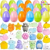 JOYIN 24 Pcs Easter Prefilled Eggs with Mochi Squishy Toys, Animal Stress Reliever Squishy Toy for Easter Theme Egg Hunt, Kids Party Favor, Basket Stuffers Filler, Classroom Prize Supplies