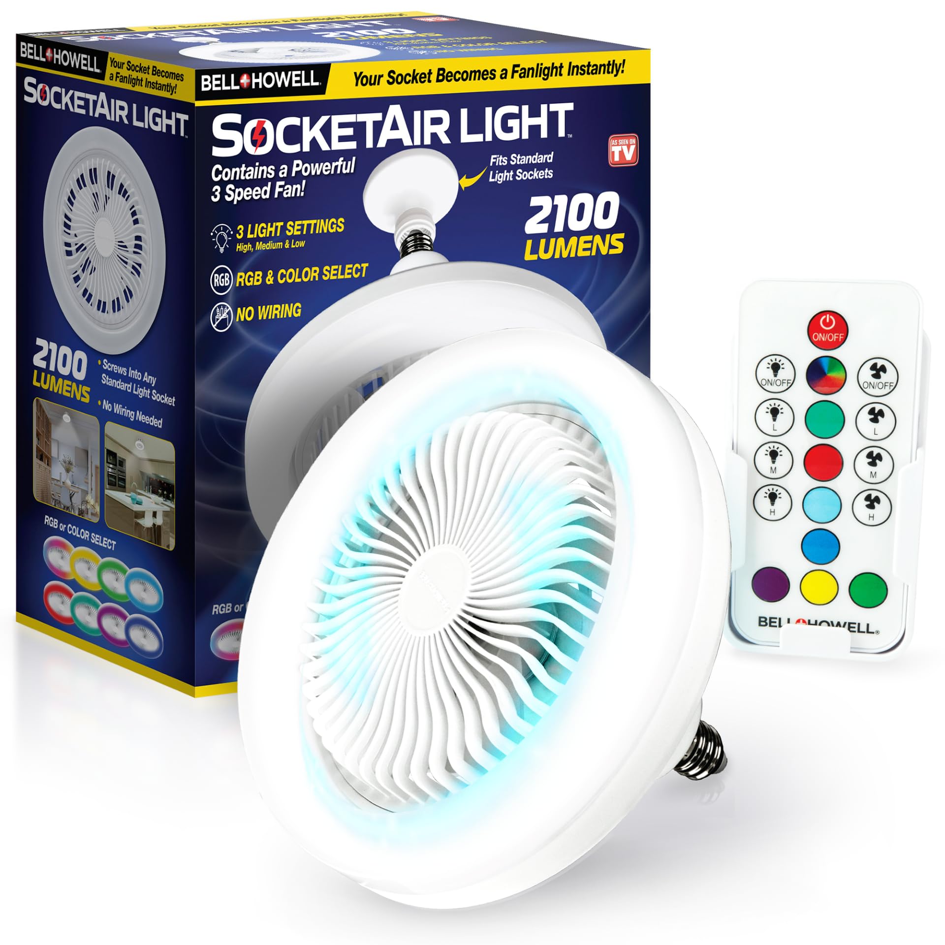 Photo 1 of Bell+Howell SocketAir Wireless Ceiling Fan Light with Remote Control, Extender,110-120 Volt, 2100 Lumens, 3 Fan Speeds, 3 Light Settings, 6500K for Living, Dining, Working Space ASON TV