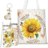 Geiserailie 3 Pcs Mother's Day Spanish Christian Gifts for Women Sunflower Inspiration Religious Tote Bag 20 oz Stainless Steel Tumbler Keychain Faith Bible Verse Catholic Gifts for Mom Sister Wife