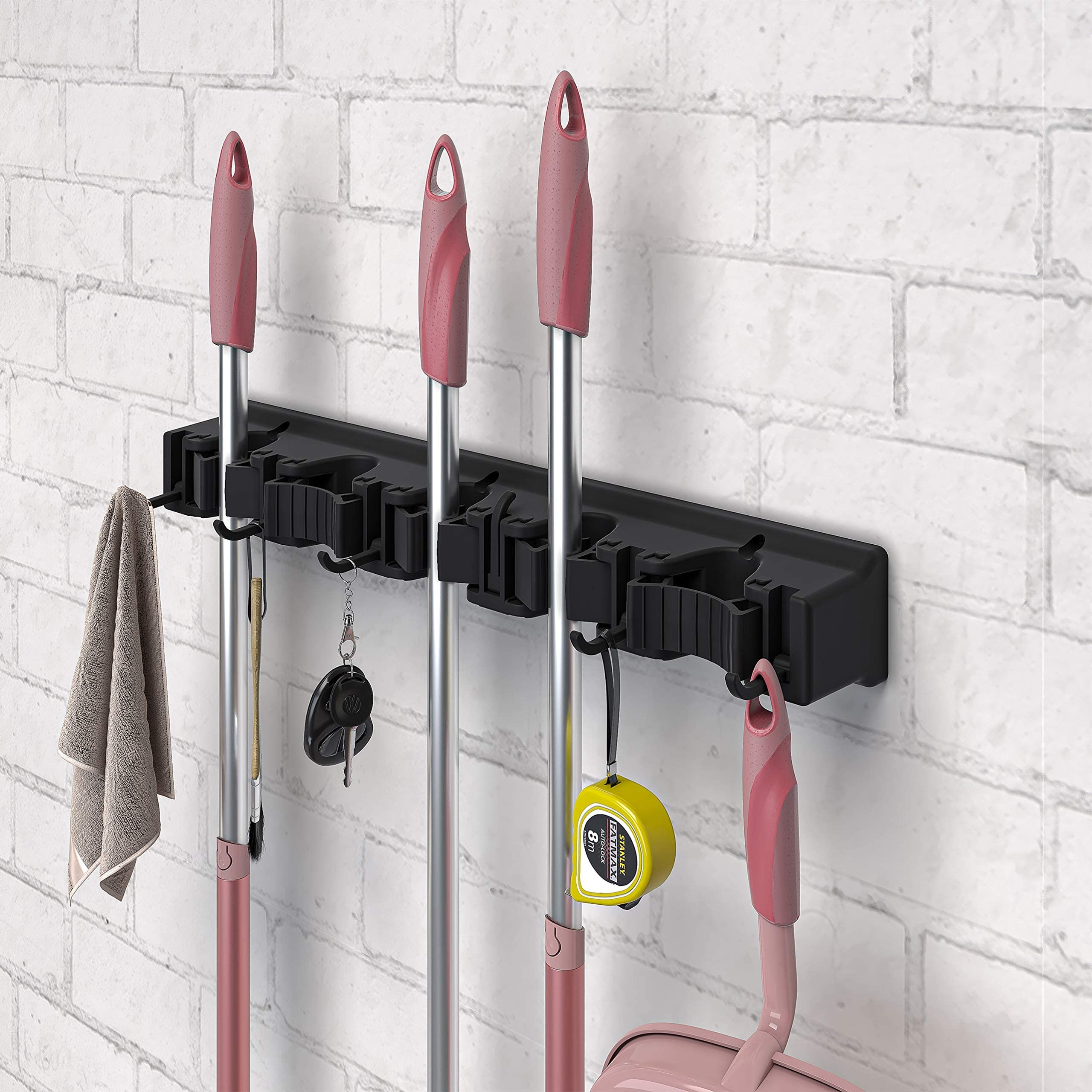 Mabel Home Mop and Broom Holder, 5 Auto Adjust Slots, 6 Hooks, Easy Install Wall Mount, Tools Hanger for Kitchen, Garden, Garage, Laundry Room, Office, Holds up to 20 kg (Black)