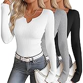 Oakgarden 3 Pack Women's Long Sleeve Shirts Cotton Ribbed Scoop Neck Vnotch Tops Slim Low Cut Stretch Basic Tees