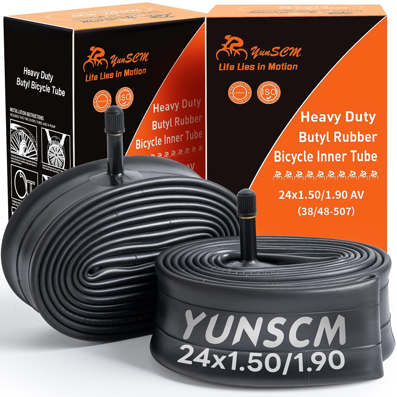 YunSCM 2-Pack 24" Heavy Duty Bike Tubes 24x1.50/1.75/1.90 ETRTO 38/48-507 AV33mm Valve 24" Bicycle Tube Compatible with 24x1.50 24x1.60 24x1.65 24x1.70 24x1.75 24x1.85 24x1.90 Bike Tire Tubes