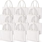 Reginary 12 Pieces Reusable White Canvas Tote Bags with Handles Tote Jute Bag Bulk for Shopping Crafts DIY Craft Blank Gift Bags for Wedding Bridesmaid, 12.2 x 3.9 x 9.8 Inch