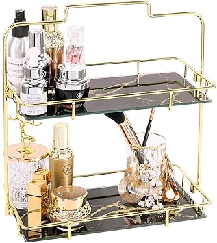 Amazon Com Z Plinrise Makeup Organizer 2 Tier Bathroom Cosmetic Storage Shelf For Dresser And Countertop Decorative Wire Vanity Organizer Basket With Marbling Glass Tray Gold Home Improvement