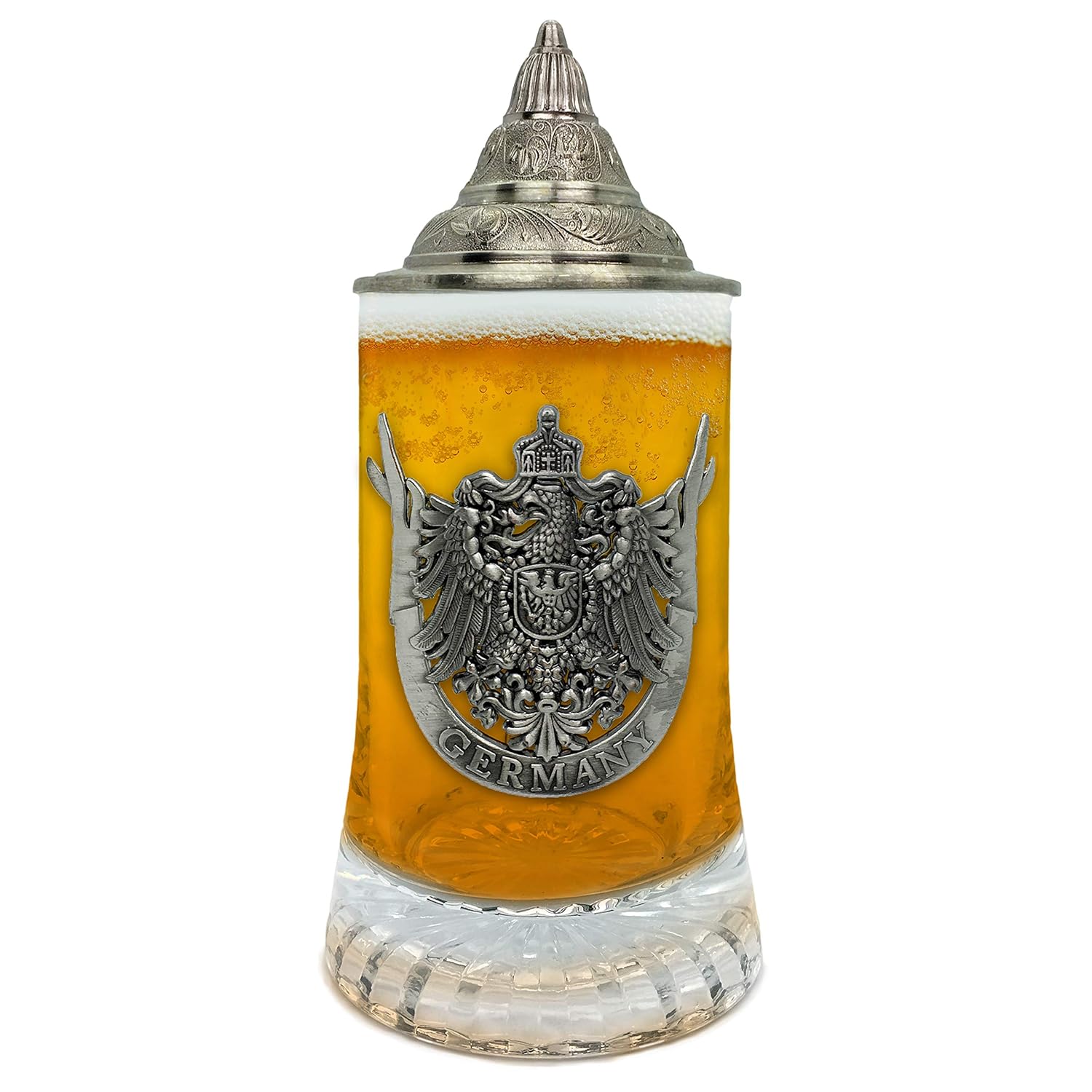 Beer Glass German Eagle Metal Medallion Bar Gifts for Men With Metal Lid Glass Mug by E.H.G. | .5 Liter