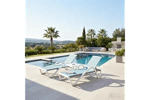 PURPLE LEAF Patio Chaise Lounge Chair Set of 3 Outside Aluminum Plastic Stackable Tanning Chairs with Armrests and Side Table for Pool Sunbathing Beach Deck Outdoor Lounger, Light Blue