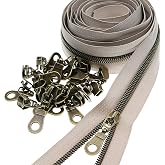 Leekayer #5 Beige Zipper Tape Antique Brass Teeth Metallic Nylon Coil Zipper by The Yard Bulk 10 Yards with 25pcs Brass Sliders Long Zippers for DIY Sewing Tailor Craft Bag(Beige)