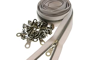 Leekayer #5 Antique Brass Teeth Metallic Nylon Coil Zippers by The Yard Bulk 10 Yards Beige Tape with 25pcs Brass Sliders for DIY Sewing Tailor Craft Bag(Beige)