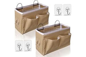 Kanrichu 2pcs Middle Wall Hanging Organizer Bag, Linen Fabric Door Hanging Storage Basket with Pockets, Waterproof Bin for Kitchen, Bedroom, Office, RV Camper (Khaki)