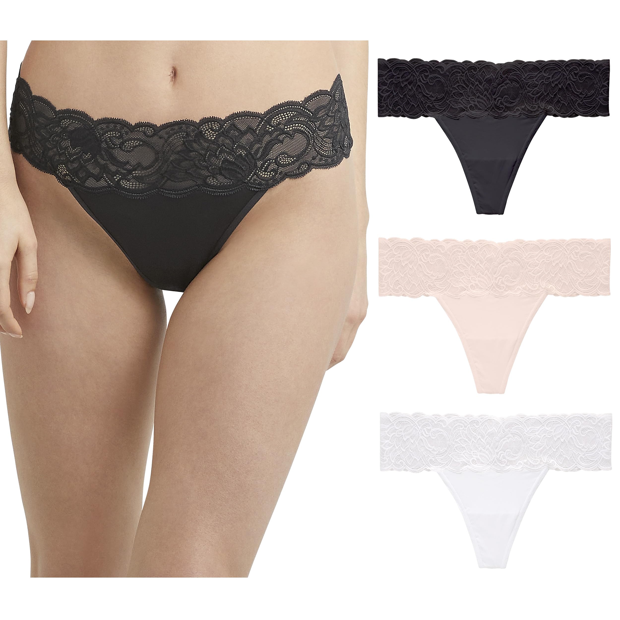 Photo 1 of Maidenform Underwear, Thong Panties for Women, Assorted, 3-Pack, Black Bloom Lace/Sandshell Lace/White Lace