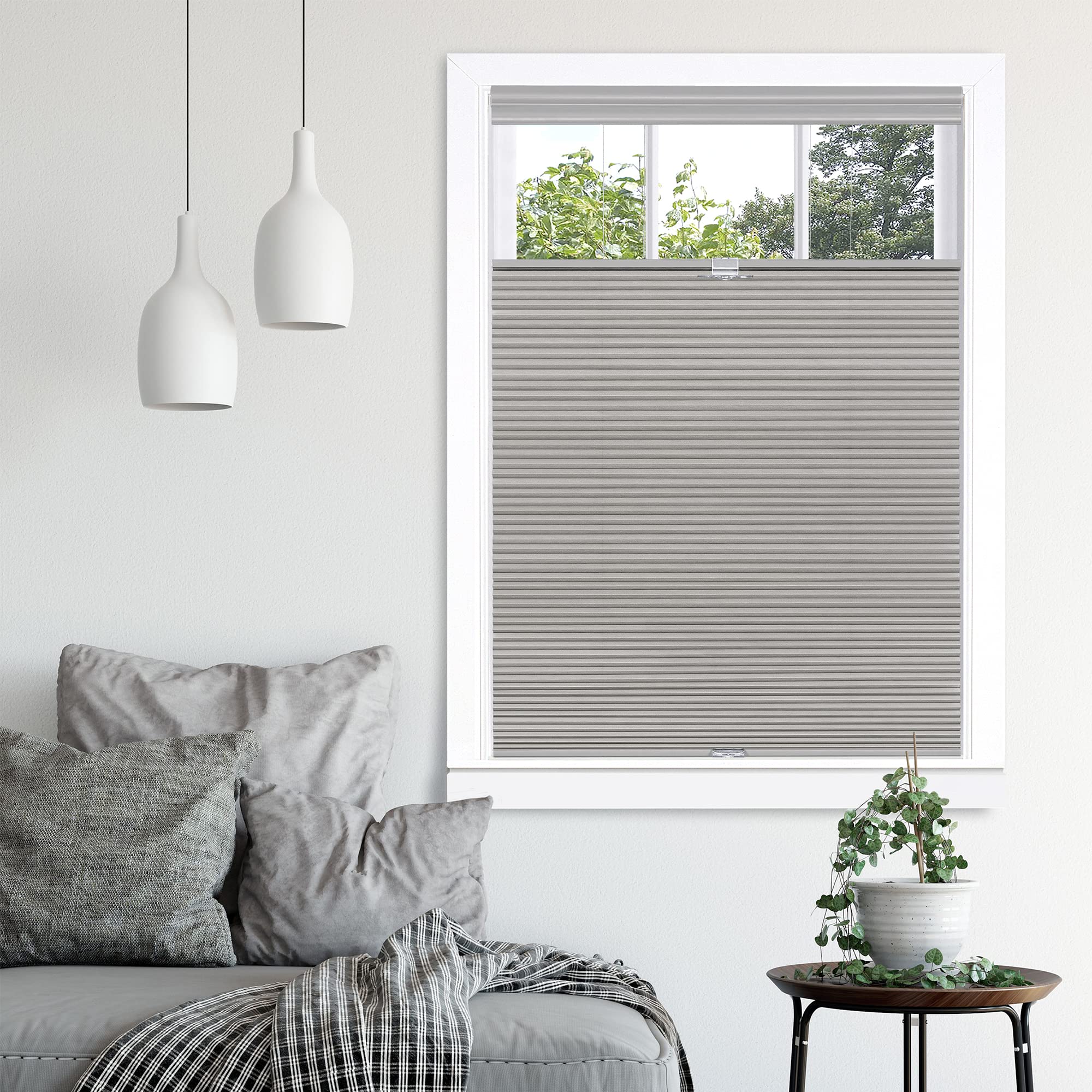 Cordless Cellular Pleated Window Shades - 23 Inch Width, 64 Inch Length - Dove Grey - Light Filtering Top-Down Honeycomb Pull Down Blinds for Windows and Skylights by Achim Home Decor Image