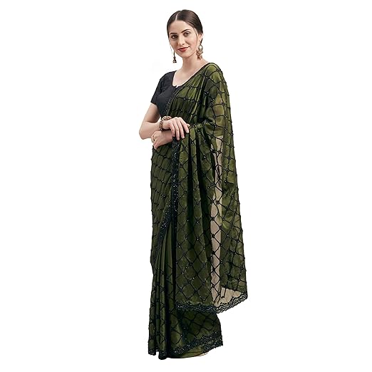Womanista satin with Blouse Piece Saree (TI1222_ Dark Green_ Onesize)