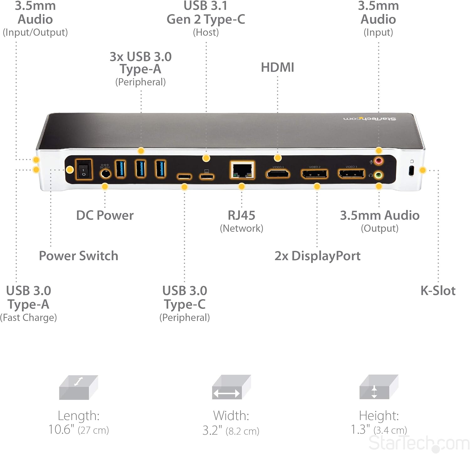 StarTech USB-C Dock - 4K Triple Monitor Laptop Docking Station with Dual DisplayPort & HDMI - 100W Power Delivery - USB-C, 4x USB-A Hub - USB 3.1 Gen 1 Type-C Dock - Windows & MacBook (DK30CH2DEP): Computers & Accessories