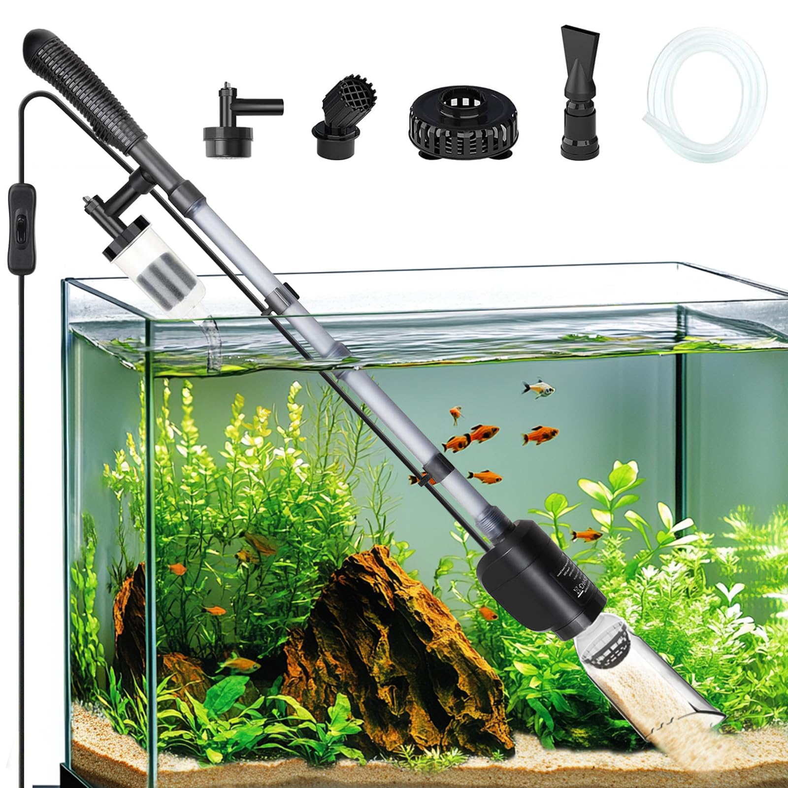 AQQA Aquarium Gravel Cleaner, 6-in-1 Automatic Fish Tank cleaner,20W Aquarium Sand Cleaning Kit, Fish Tank Vacuum Gravel Cleaner for Wash Sand Water Shower and Water Circulation