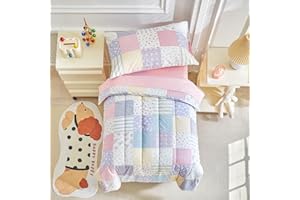 Joyreap 4 Piece Cotton Toddler Bedding Set- Colorful Flowers Patchwork Design, Toddler Comforter Set for Girls, Includes Quilted Comforter, Fitted Sheet, Top Sheet, and Pillow Case