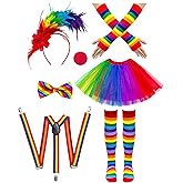 Yezmo 9 PCS Women Clown Costume Set, Circus Outfit Rainbow Costume with Tutu Skirt Feathers Headband Adjustable Suspender Gloves Socks for Halloween Carnival Cosplay