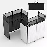 LUCKUP Portable DJ Booth 41"L x 20"W DJ Facade with White &amp; Black Scrim, Foldable DJ Table Station with Adjustable Feet for Party, Black Metal Frame