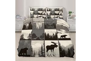 Wild Animals Bear Moose Duvet Cover Twin Size for Men, Vintage Black and White Forest Rustic Bedding Set 3 Piece, Wildlife Pa