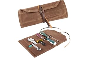 AJFHKJ Tool Roll,10Slots Tool Roll Up Pouch,Heavy Duty Waxed Canvas Tool Roll Bag,Chisel Wrench Spanner Roll Tool Pouch with Leather Rope,Tool Roll Organizer for Mechanic Electrician Plumber Carpenter