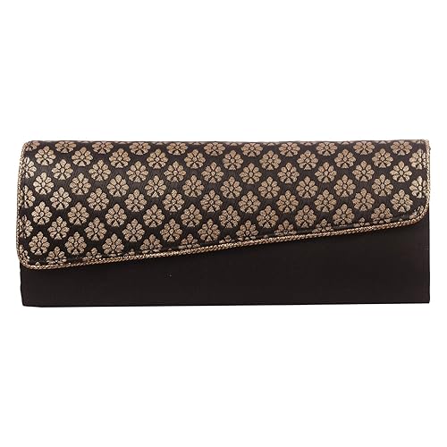 Mela Exclusive Partywear Ethnic Brocade Cross Flap Clutch for Women-Black