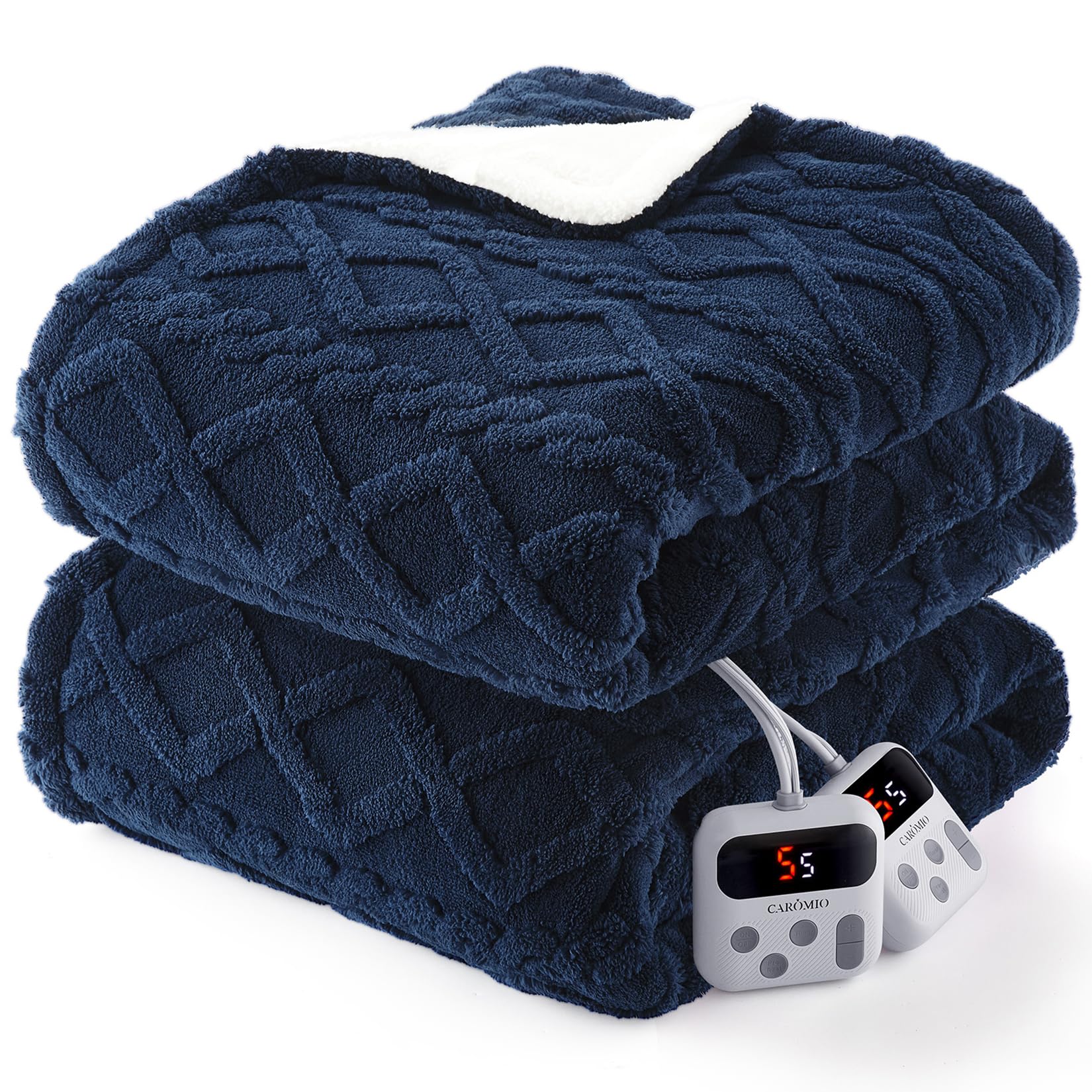 Photo 1 of CAROMIO Electric Blanket Queen Size Dual Control - Thick Tufted Sherpa Heated Blanket Queen with 6 Heat Levels and 20 Time Settings, ETL Certified Fast Heating Blanket Queen Size 84"×90", Navy Blue