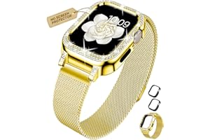 XYF Bling Bands Compatible for Apple Watch Band 44mm for Women with Bumper, Stainless Steel Mesh Magnetic Luxury Diamond Jewelry Milanese Strap Dressy iWatch Loop Series 6 / SE 5 4 (44mm, Gold)