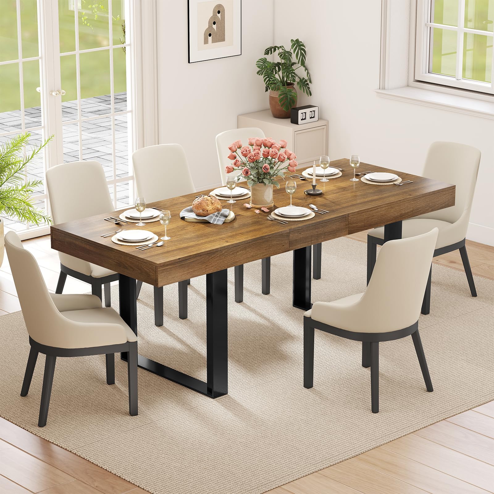 Photo 1 of **top only, no legs of tableZevemomo 63"-78.7" Expandable Dining Table, 6-10 Farmhouse Kitchen Table, Extendable Dining Table, Rectangular Kitchen Table with Metal Track, Tapered U-Shaped Legs for Dining Room, Office-Brown