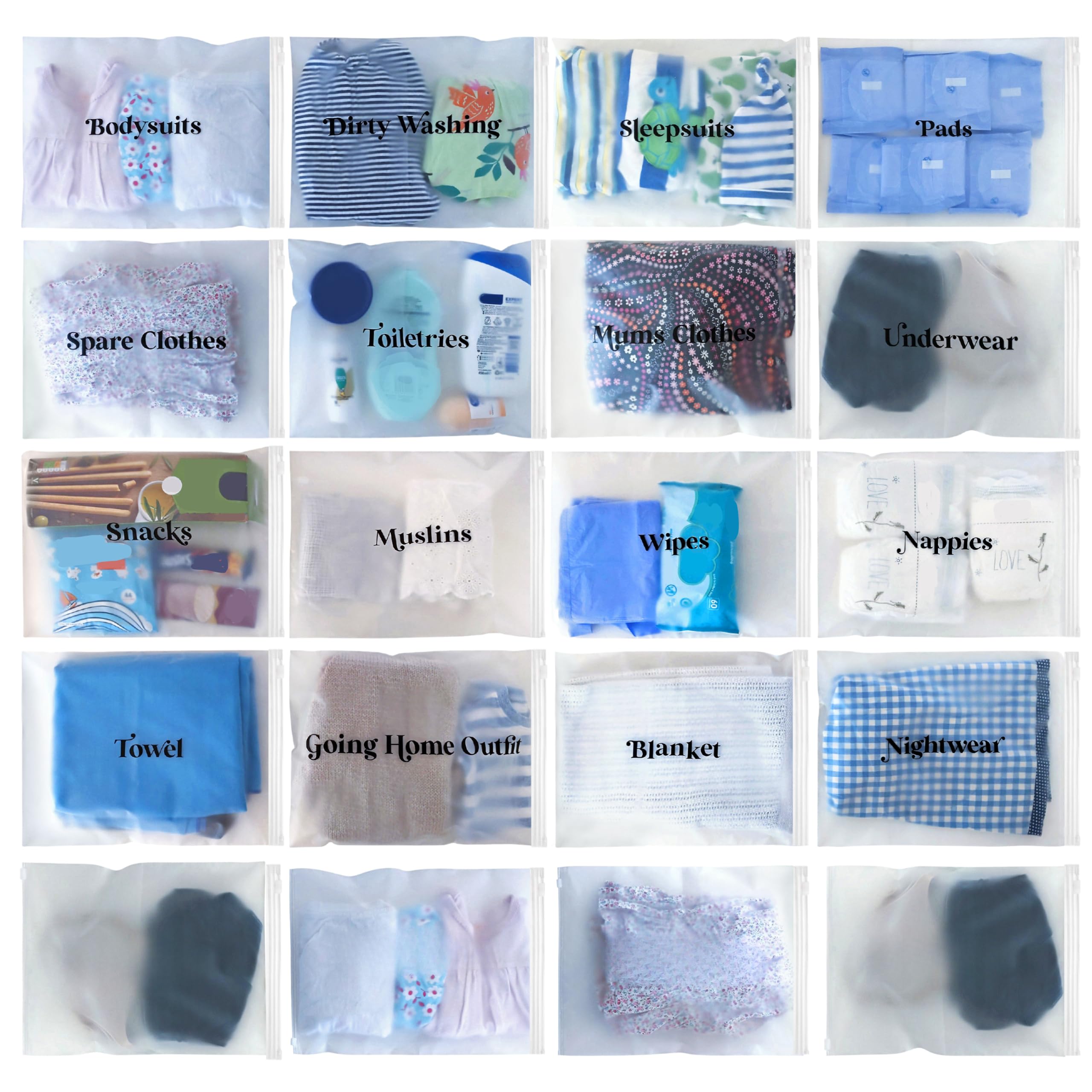 23x Baby Hospital Maternity Organiser Bags Essentials | Baby Shower | Mum to Be | Labor & Delivery Bag Labels