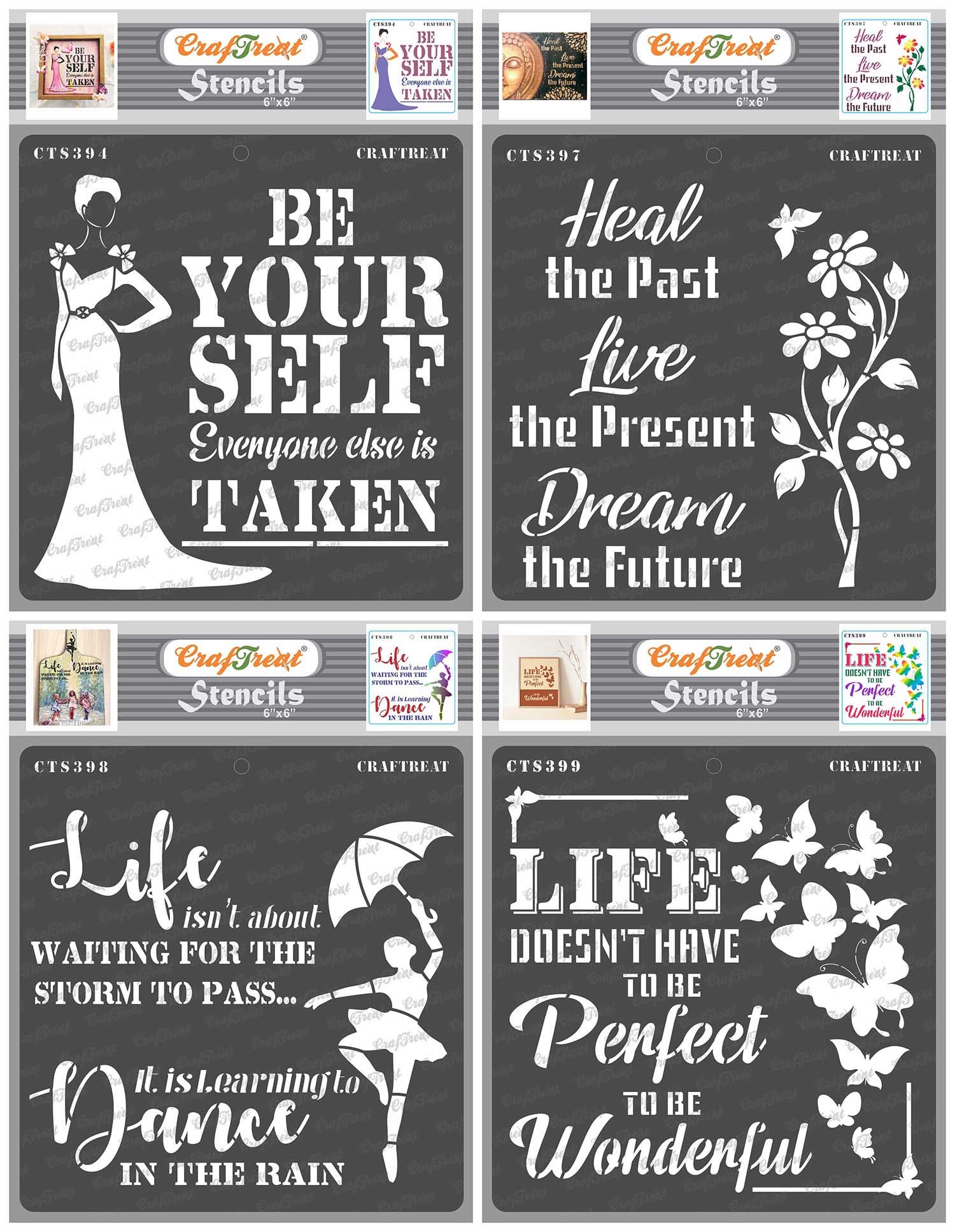 CrafTreat Reusable Quote Stencils for Painting on Wood, Canvas, Paper, Fabric, Wall - Be Yourself, Heal, Dance in Rain and Wonderful Life - 4 Pcs - 6x6 Inch Each - DIY Art and Craft Stencils