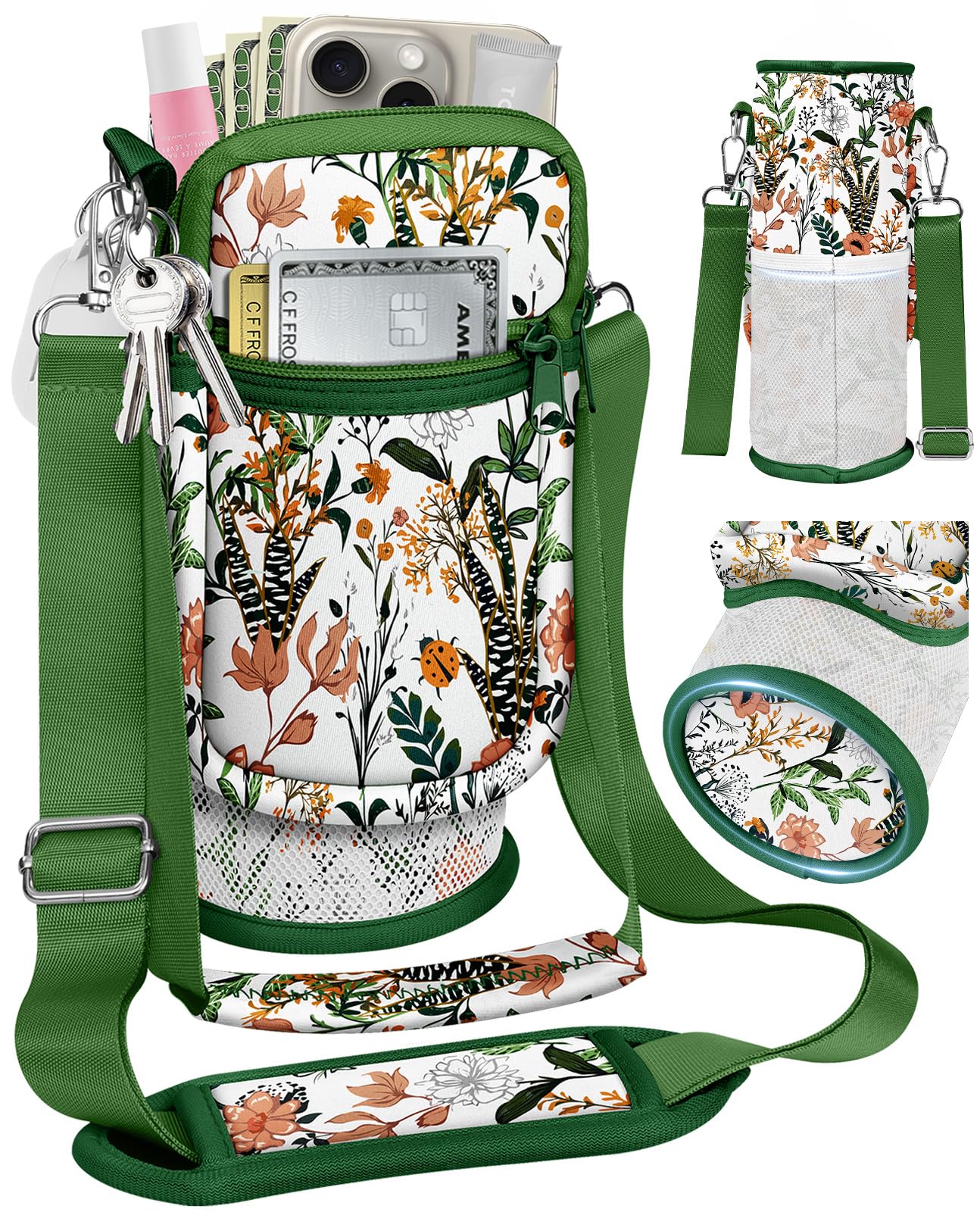 Photo 1 of Toykee Water Bottle Bag Holder Carrier With Strap - Green Flower Floral Crossbody With Phone Pocket Neoprene Shoulder
