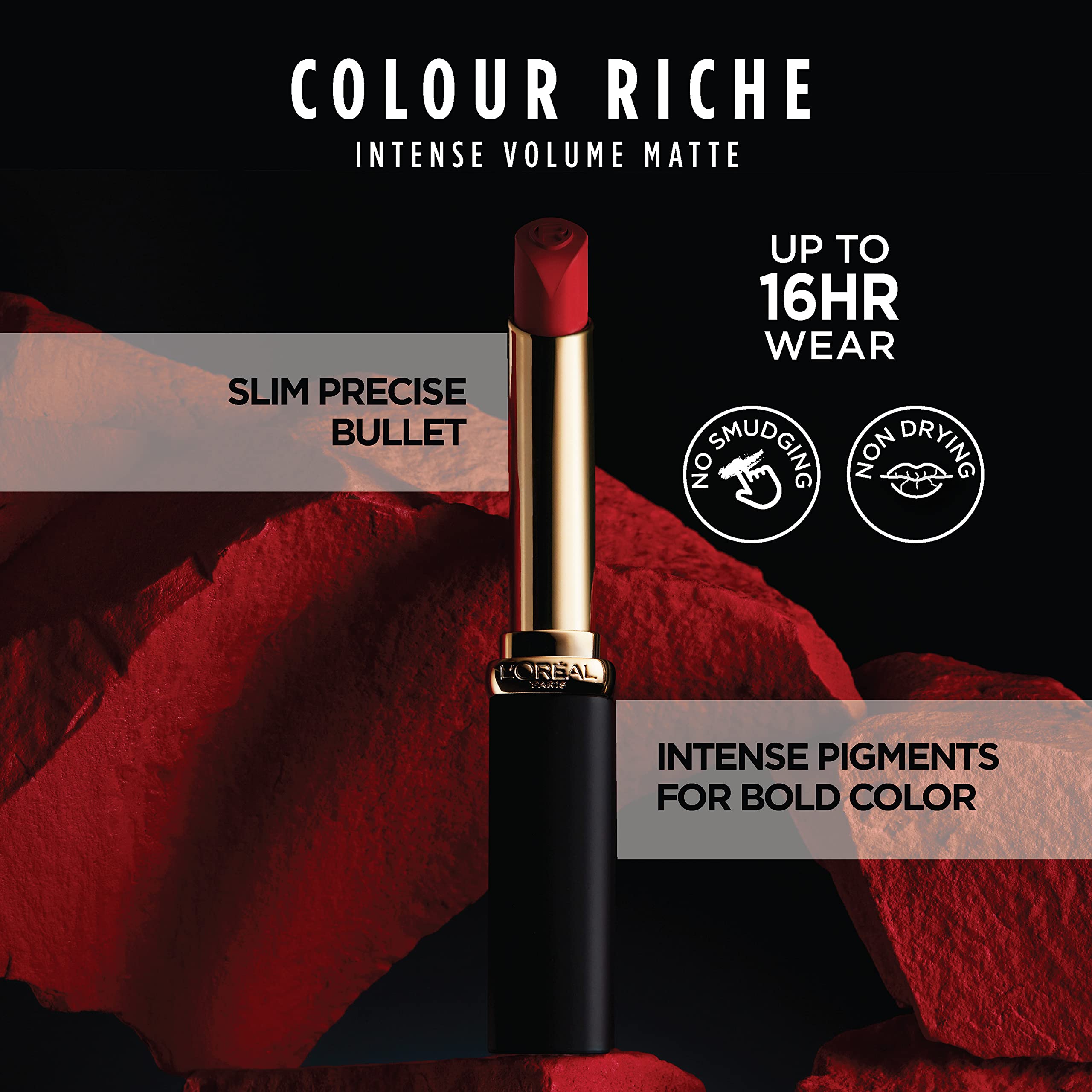 L'Oreal Paris Colour Riche Intense Volume Matte Lipstick, Lip Color Infused with Hyaluronic Acid for up to 16hr All Day Comfort, Le Carmin Courage, 0.06 oz