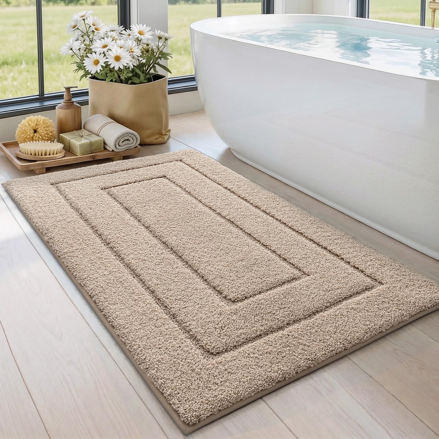 DEXI Bath Mat 60 x 110 cm, Extra Soft Absorbent Microfiber, Non-Slip Bathroom Mats, Machine Washable Rugs for Shower Floor, Beige — image 1
