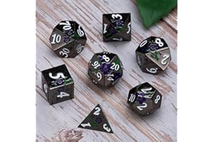 MAYWIN Black Metal Dice Set D&D,7pcs RPG Metal Flower Dice Set with Gift Box,RPG Polyhedral Metal Dice for Table Game(Black Nickel - Purple Green)