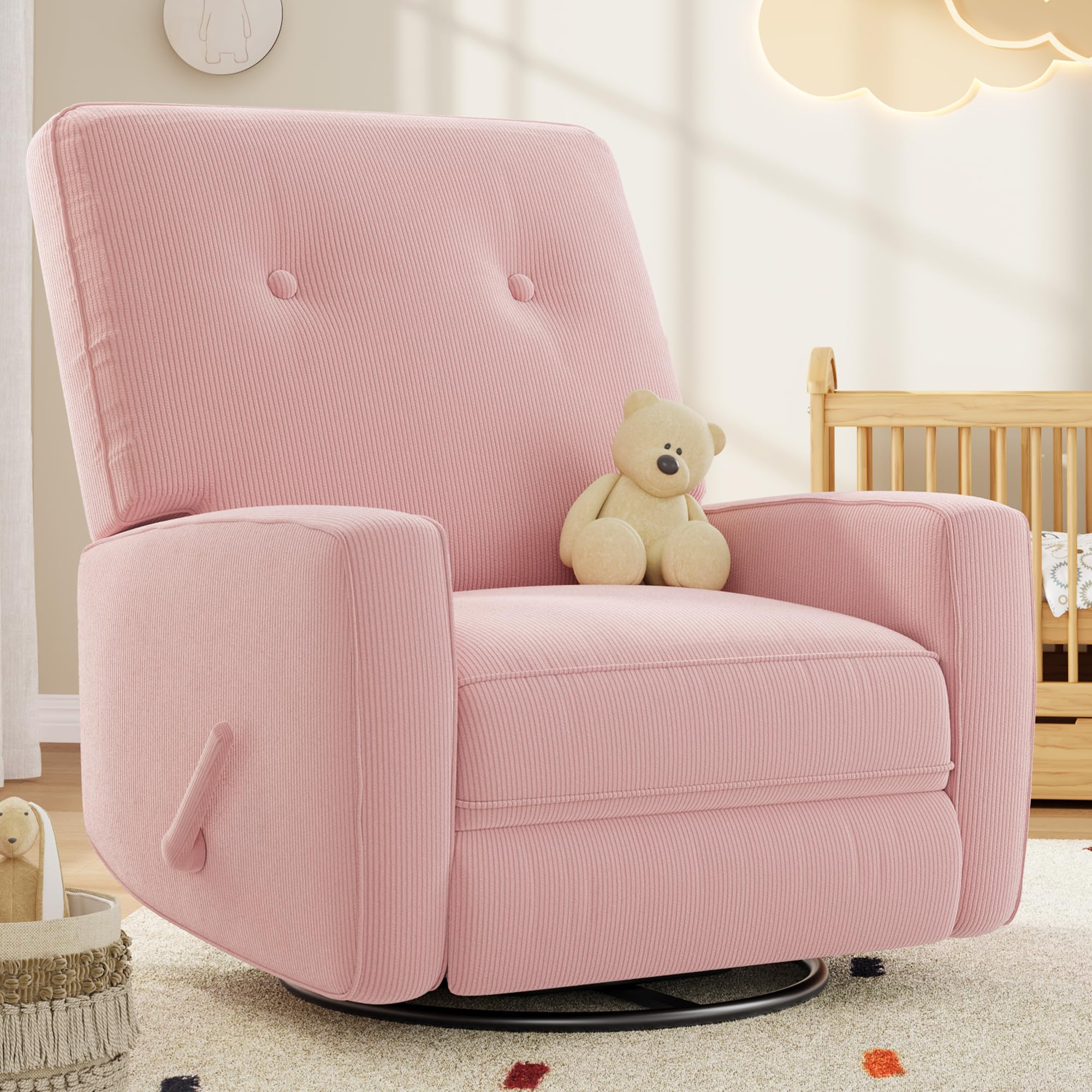 Photo 1 of Garvee Nursery Recliner Chair, 360° Swivel Rocking Glider Chair for Adults with Adjustable Backrest & Footrest, Upholstered Armchair for Living Rooms, Bedrooms, Apartments, Pink