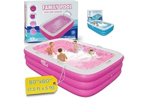 GRIP A POOL Inflatable for Kids and Adults 90"x60" (7.5'x5') with Soft Padded Floor, Handles and Drain, Kiddie Swimming Pool, Big Blow Up Backyard Pool for Ages 3+, Playful - Pink