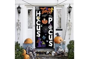 WEBSUN Halloween Door Decorations Hocus Pocus Door Cover, Large Fabric Halloween Party Decorations Sign for Front Door, Porch Decorations, Halloween Party Supplies Indoor Outdoor