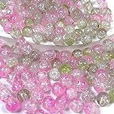 CRZSEELL 200pcs Crackle Glass Beads, 8mm Pink Crystal Round Beads for Jewelry Making, Loose Bulk Crafts Bead for Earrings Necklaces Bracelets