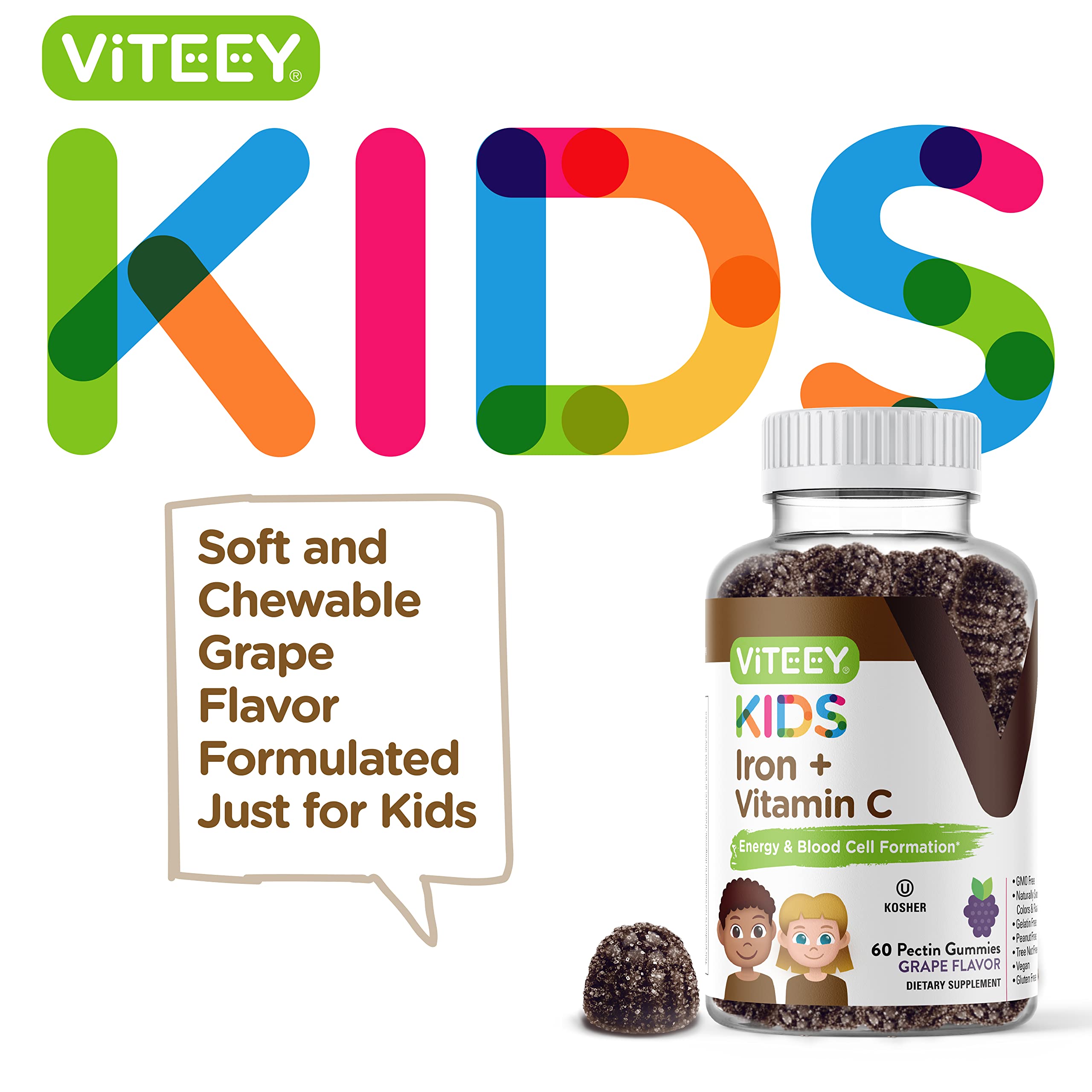 Viteey Iron Gummies for Kids with Vitamin C - Supports Energy, Blood Cell Formulation, Blood Builder Anemia Kids Iron Supplements - Vegan, Gelatin Free, Gluten Free - Tasty Chewable Grape Flavored